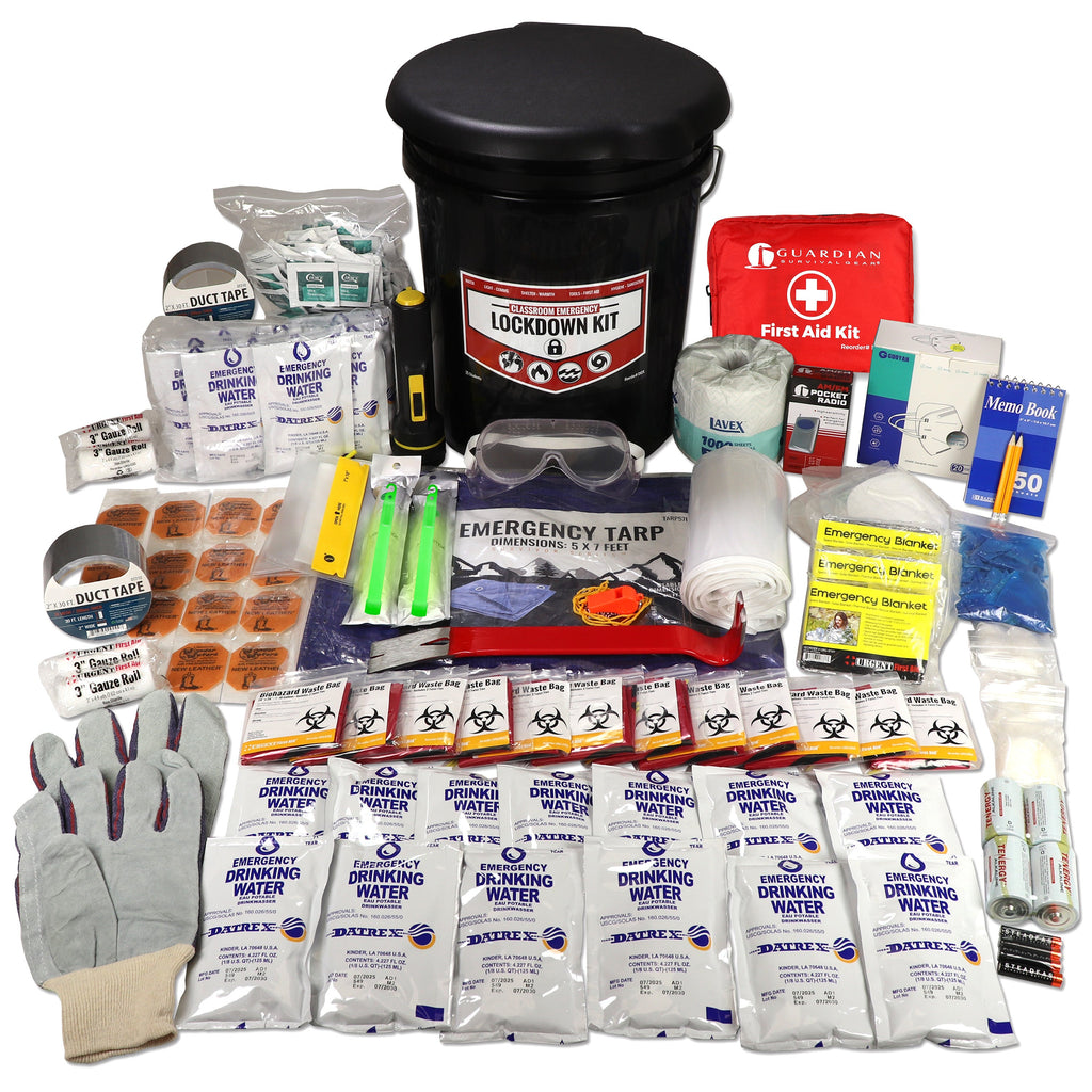 Emergency lockdown kit with black bucket, first aid, water pouches, duct tape, gloves