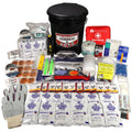 Emergency lockdown kit with black bucket, first aid, water pouches, duct tape, gloves