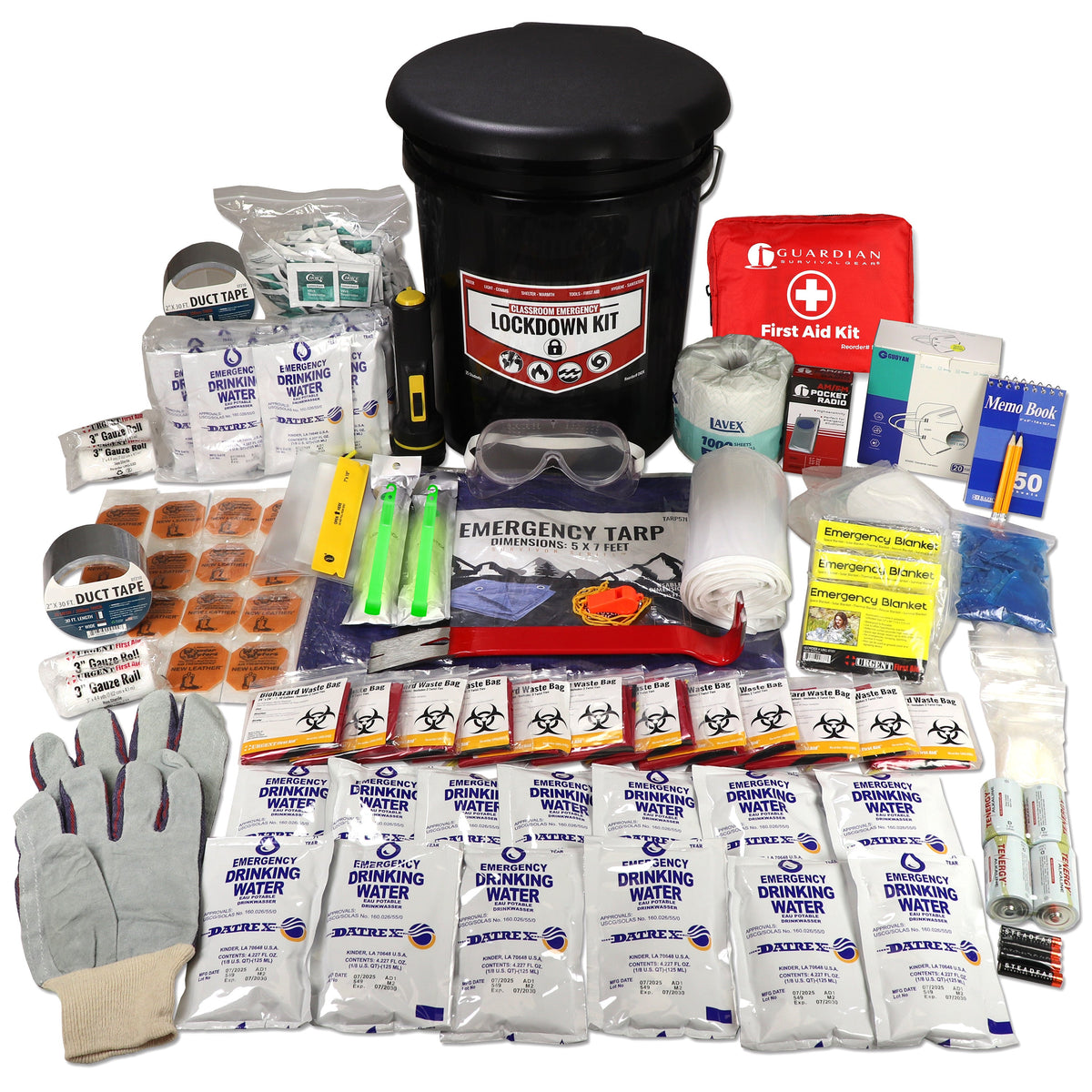 Emergency lockdown kit with black bucket, first aid, water pouches, duct tape, gloves