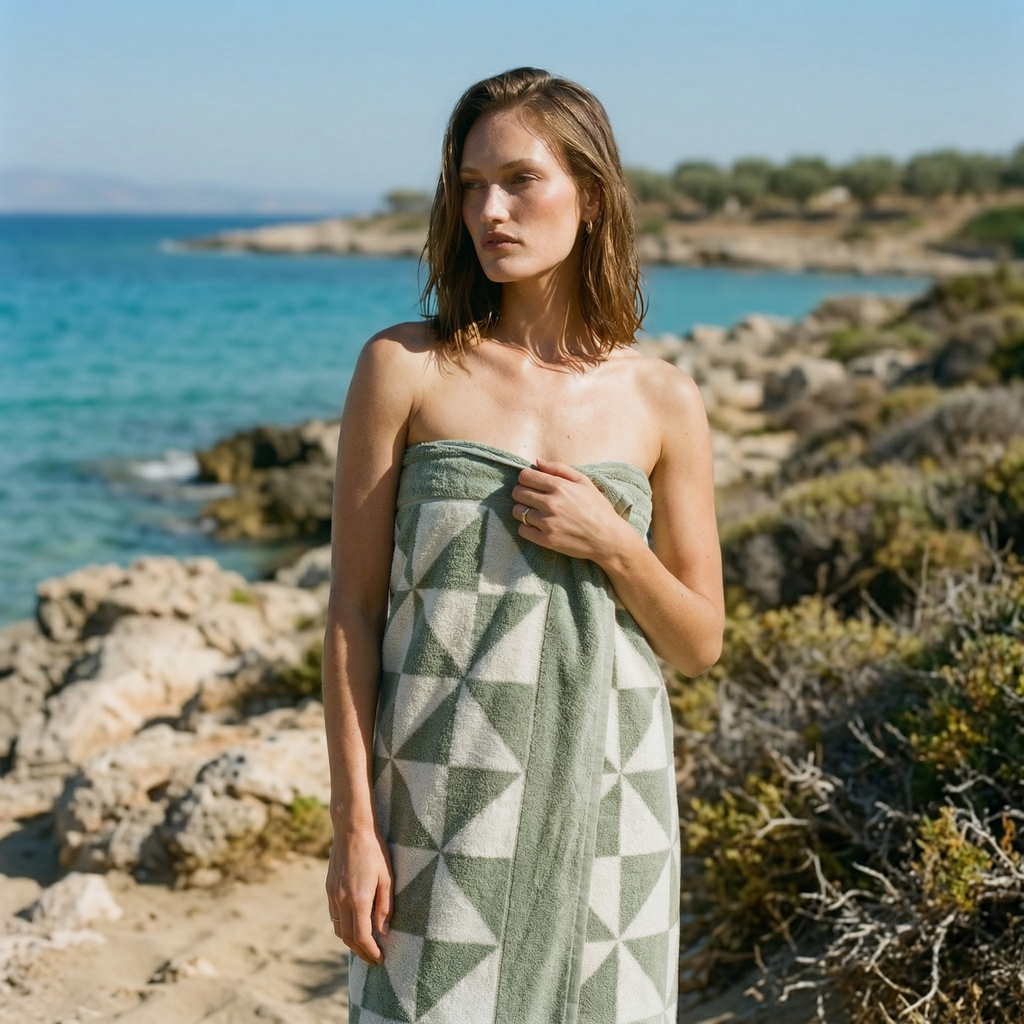 Australian cotton towels, green geometric patterned towel wrapped around the body