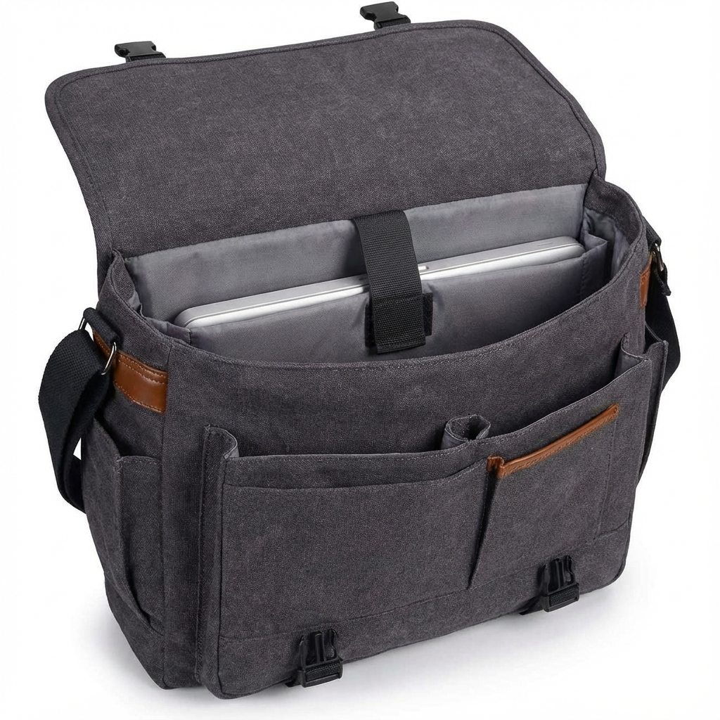Gray canvas messenger bag open with gray interior compartments and laptop sleeve