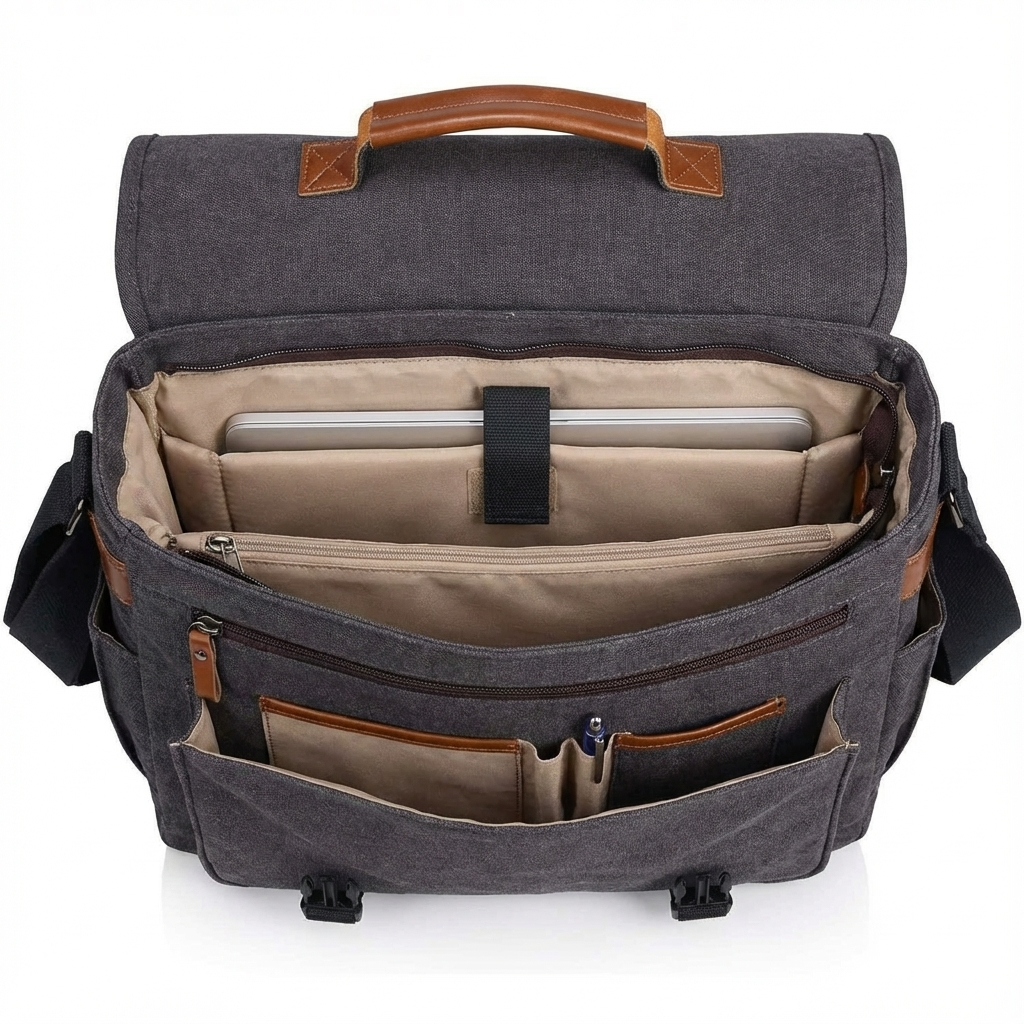 Gray canvas messenger bag open with beige lining, internal sleeve and divider pockets