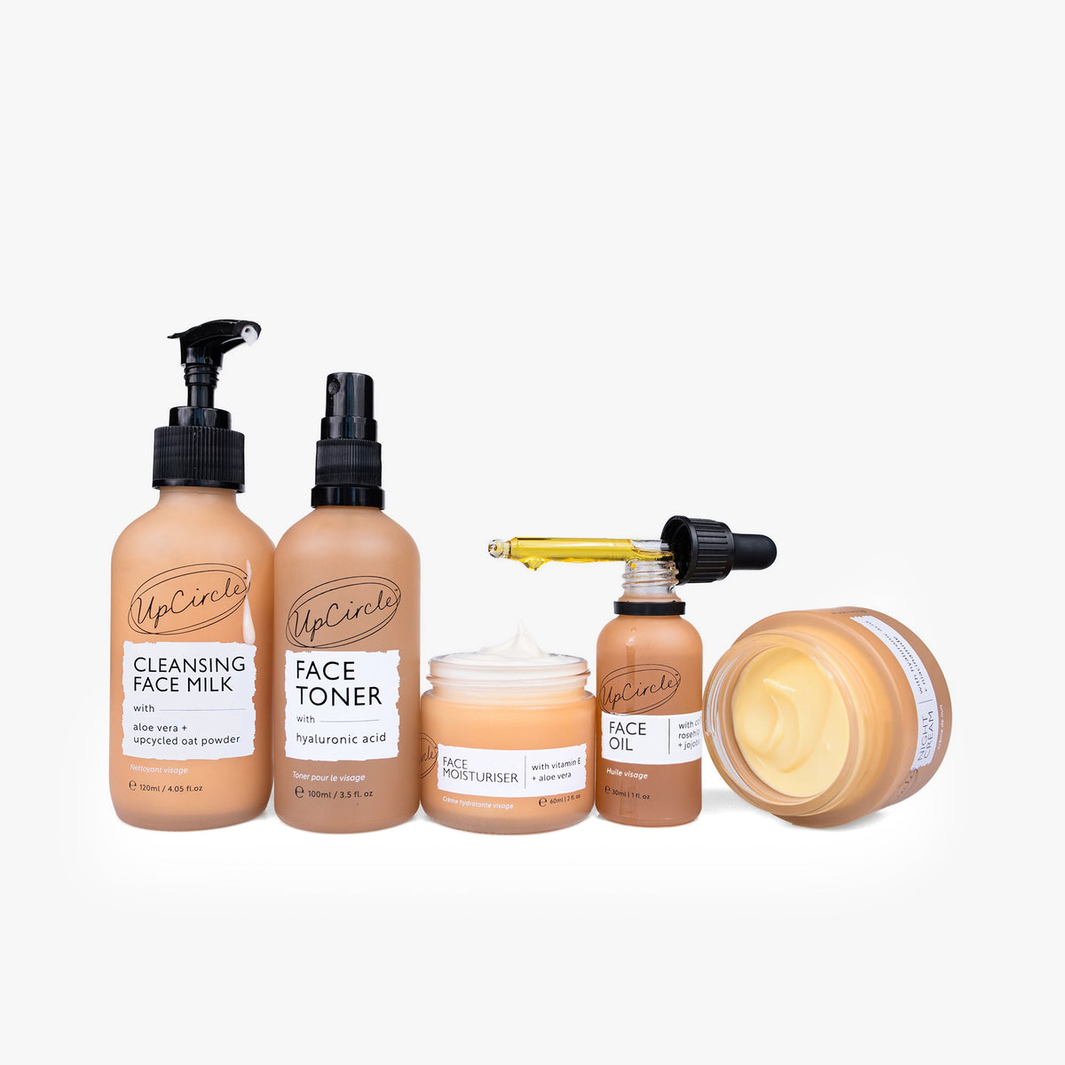 UpCircle skincare set with cleansing face milk, face toner, moisturiser, face oil and night cream