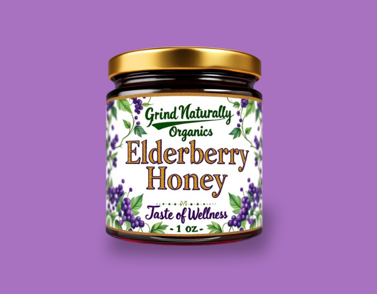 Elderberry honey jar with gold lid and “Elderberry Honey” label