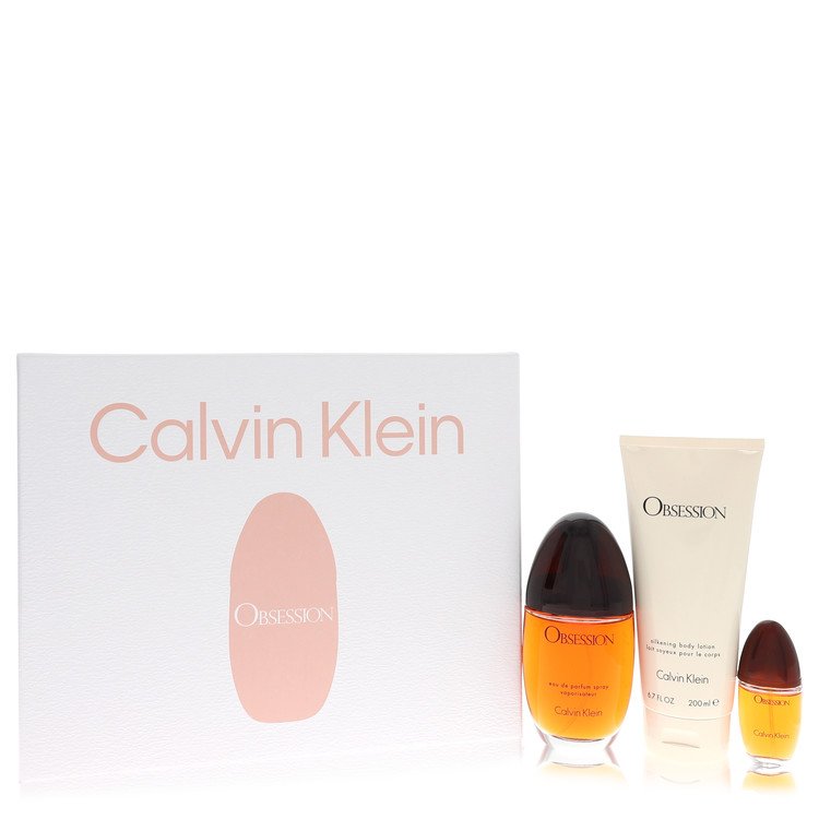 Calvin Klein Obsession gift set with eau de parfum, body lotion, and mini spray