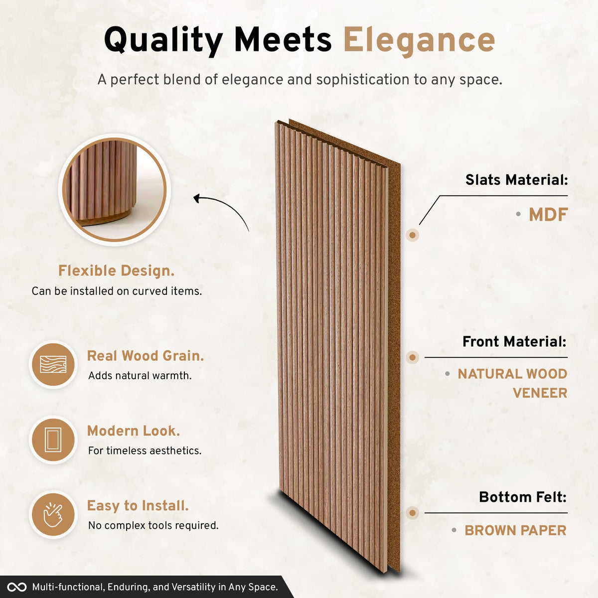 Oiled oak fluted wall panel set with vertical slats and felt backing detail