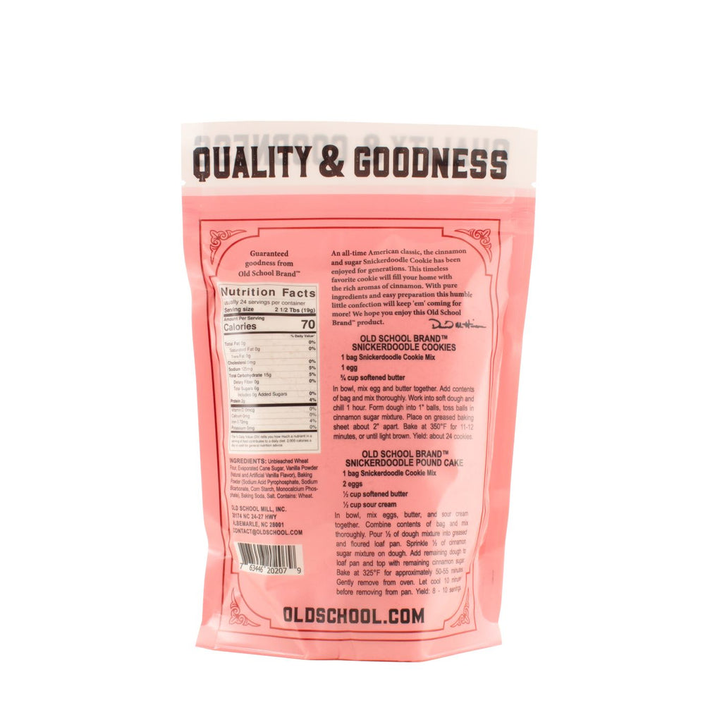 Snickerdoodle cookie mix pouch, back view with nutrition facts and ingredients