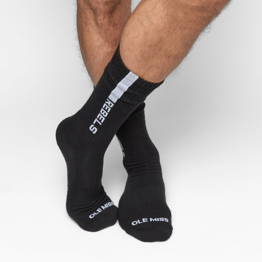 Black crew socks with white stripe and red 'OLE MISS' lettering at cuffs