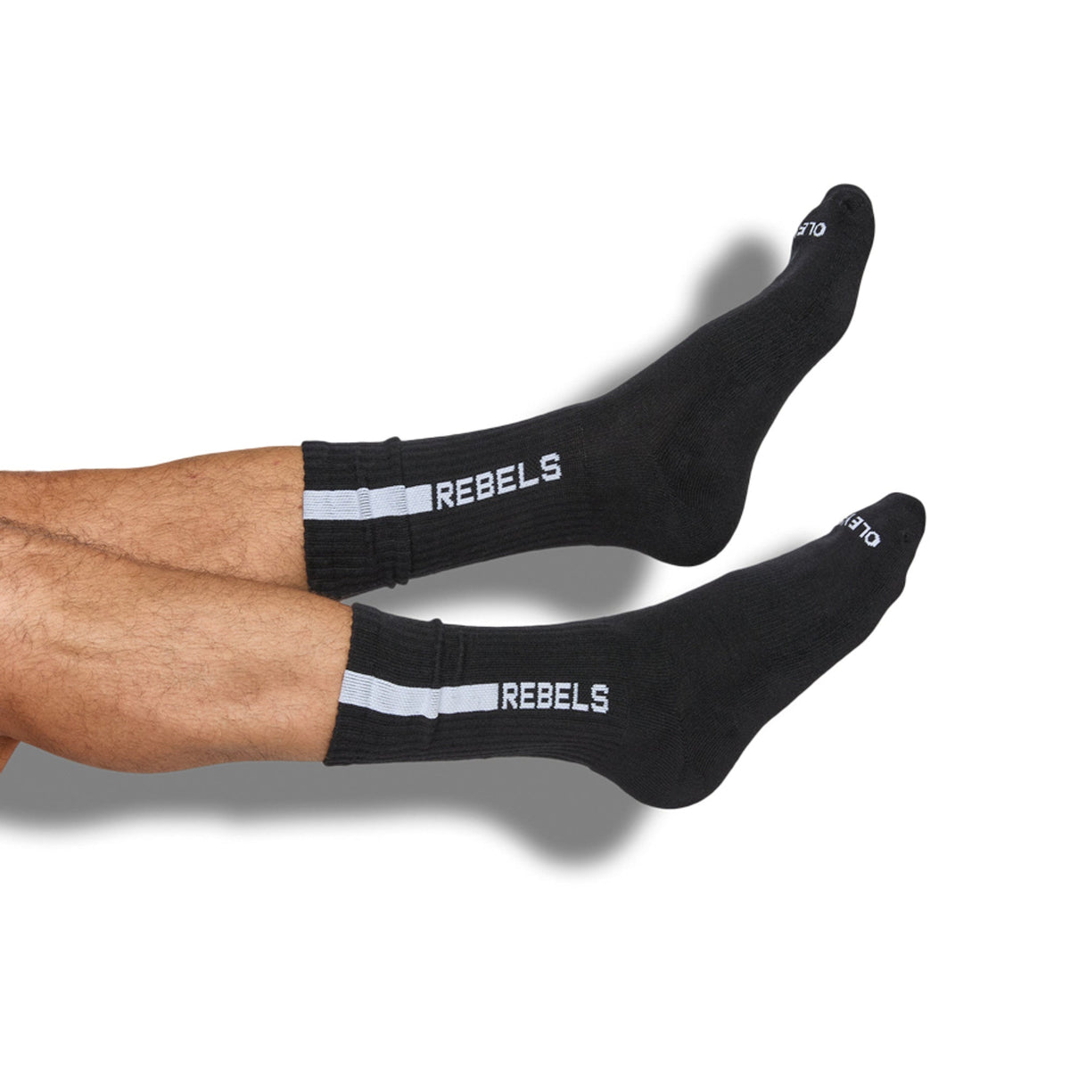 Black crew socks with white horizontal stripes and “REBELS” lettering.