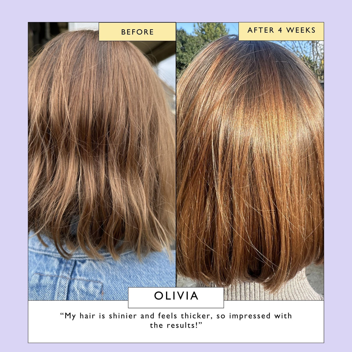 Split before-and-after hair photo with visible roots, four weeks