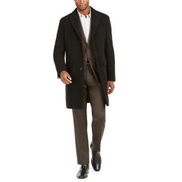 Men's slim-fit black overcoat with notched lapels and side pockets