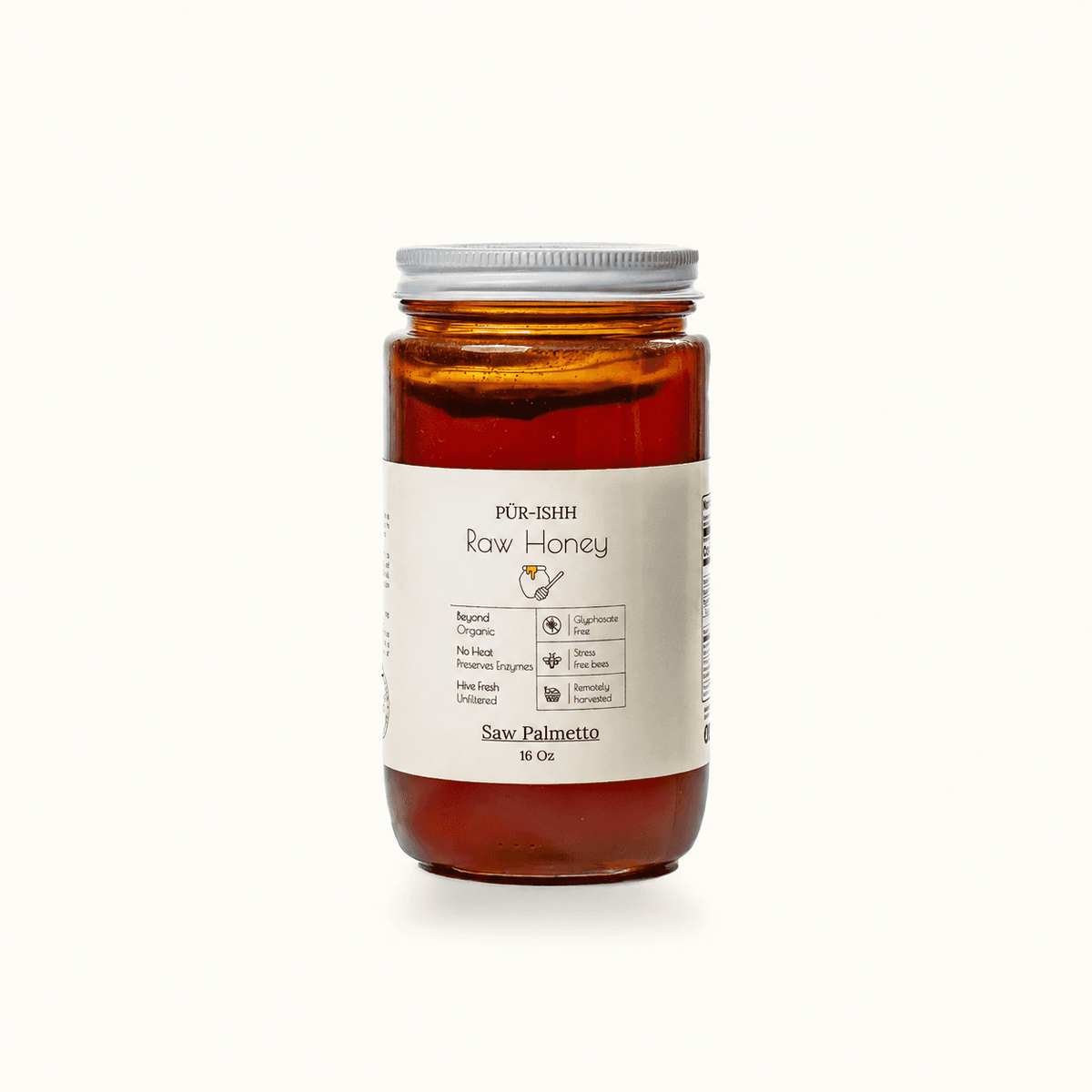 Saw palmetto raw honey jar, 16 oz, front label