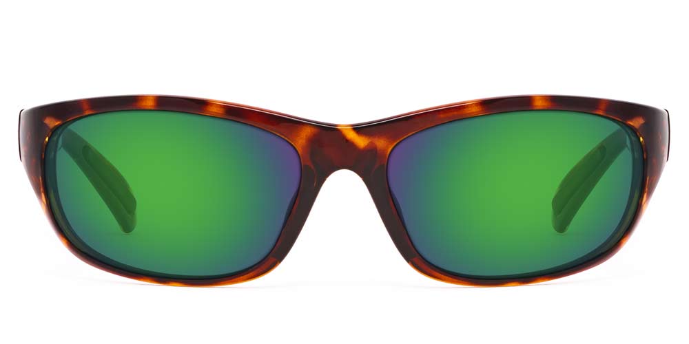 Tortoise frame sunglasses with green mirrored lenses, front view