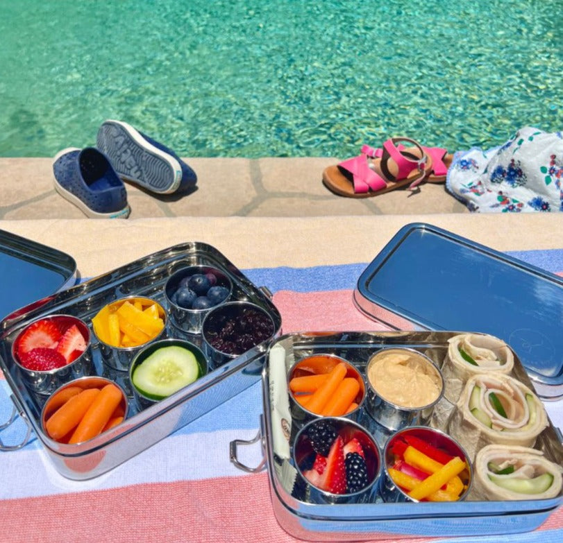 Stainless steel bento snack box set with hinged lid and divided snack sections