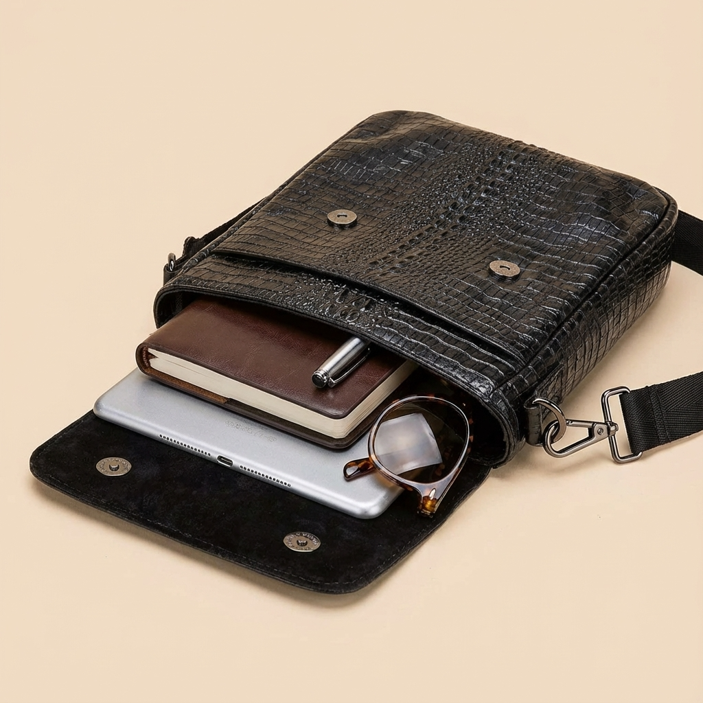 Black croc-embossed leather sling bag with flap open, holding phone, wallet, and glasses