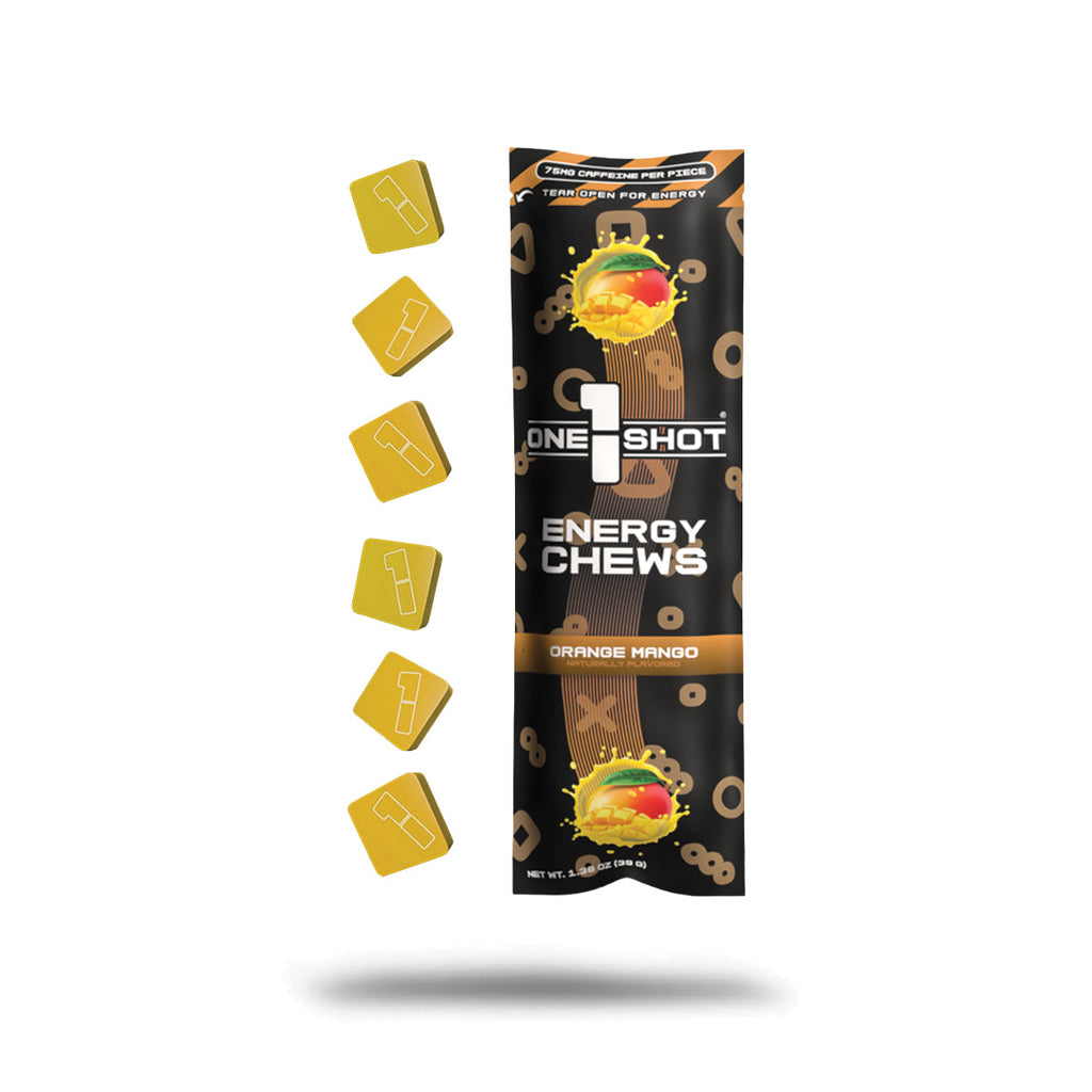 Orange One Shot energy chews pouch with orange mango flavor artwork