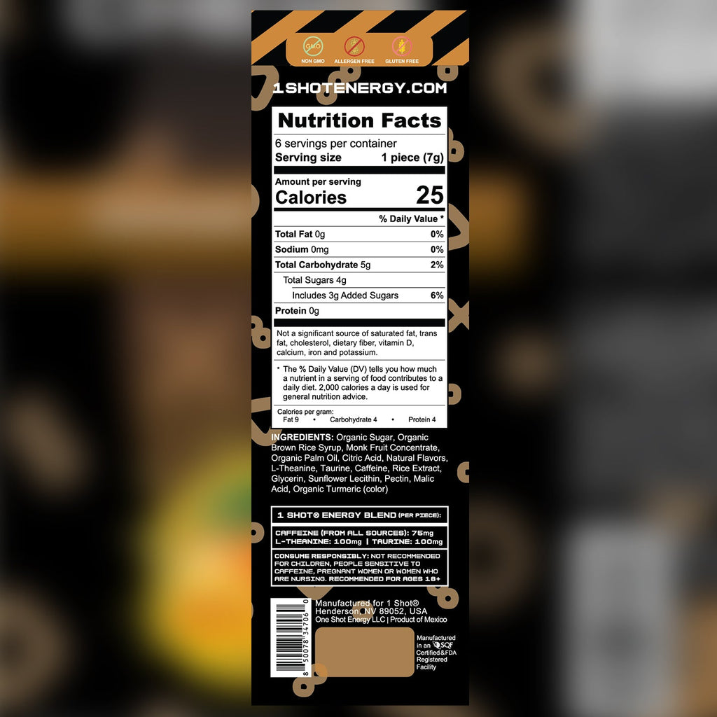 One Shot Energy Chews nutrition facts panel on back pouch