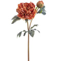 Orange peony faux silk flower stem with single bloom, bud, and green leaves