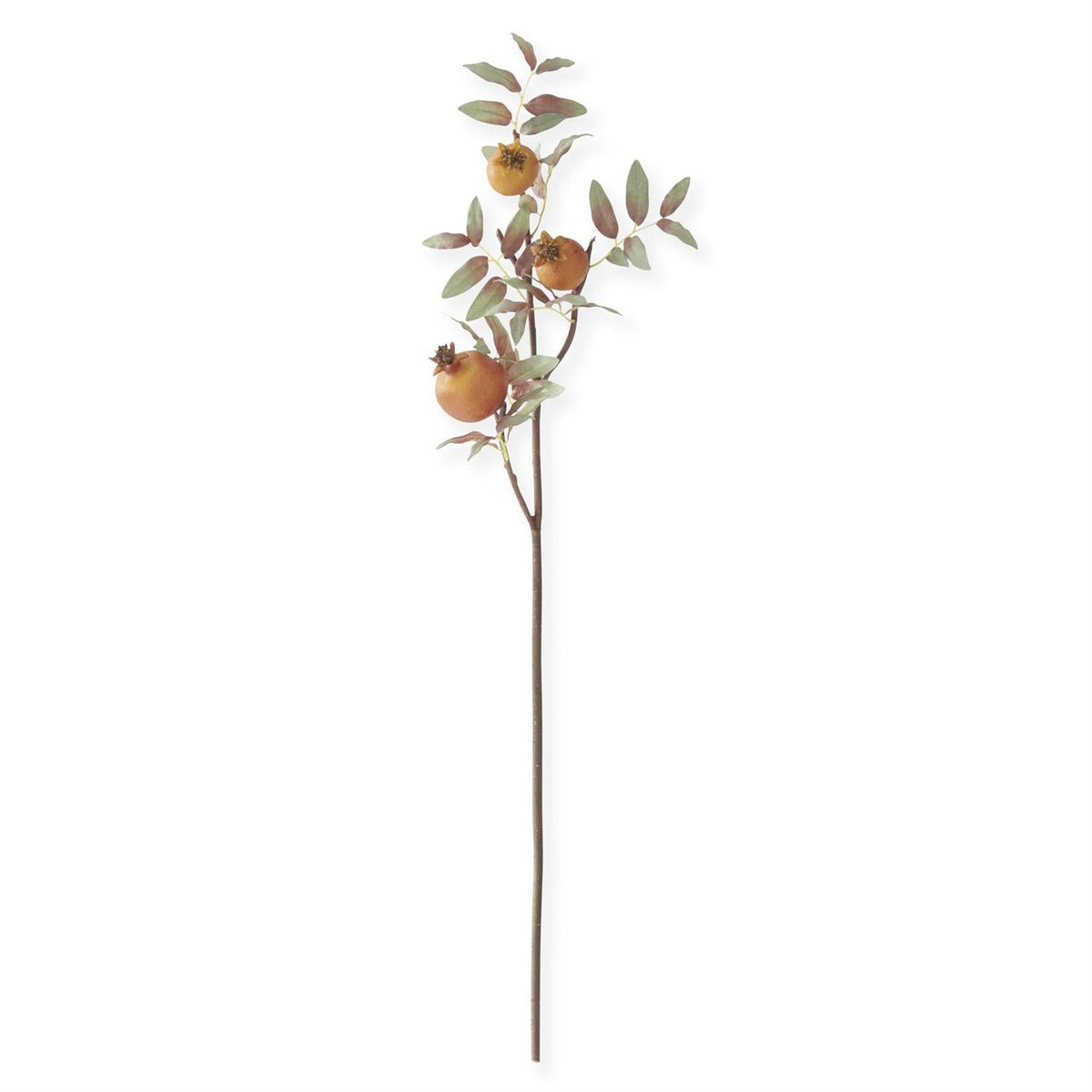 Faux pomegranate stem with orange fruits and green leaves on long brown branch
