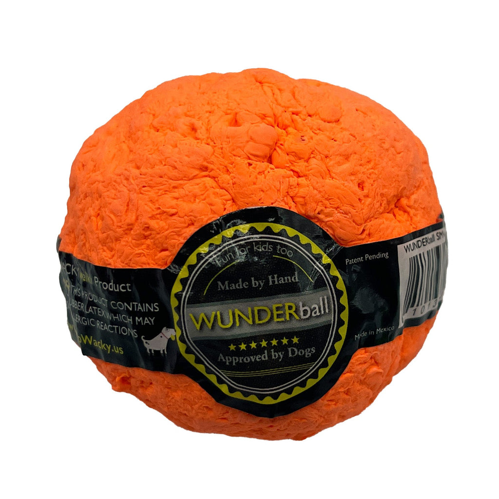 Bright orange textured fetch ball with black approval label band.