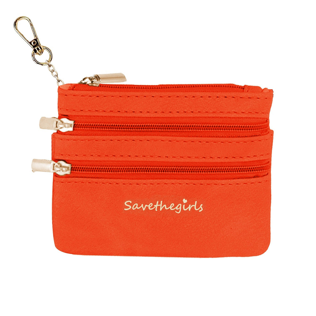 Orange zippered pouch with three zipper compartments and metal keychain ring