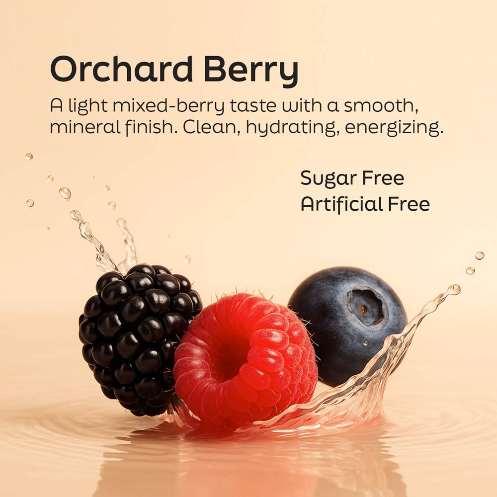 Orchard Berry flavor image with mixed berries splashing beside the drink mix pouch