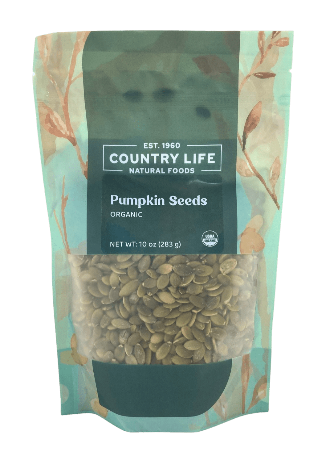 Country Life pumpkin seeds organic in a sealed green stand-up pouch