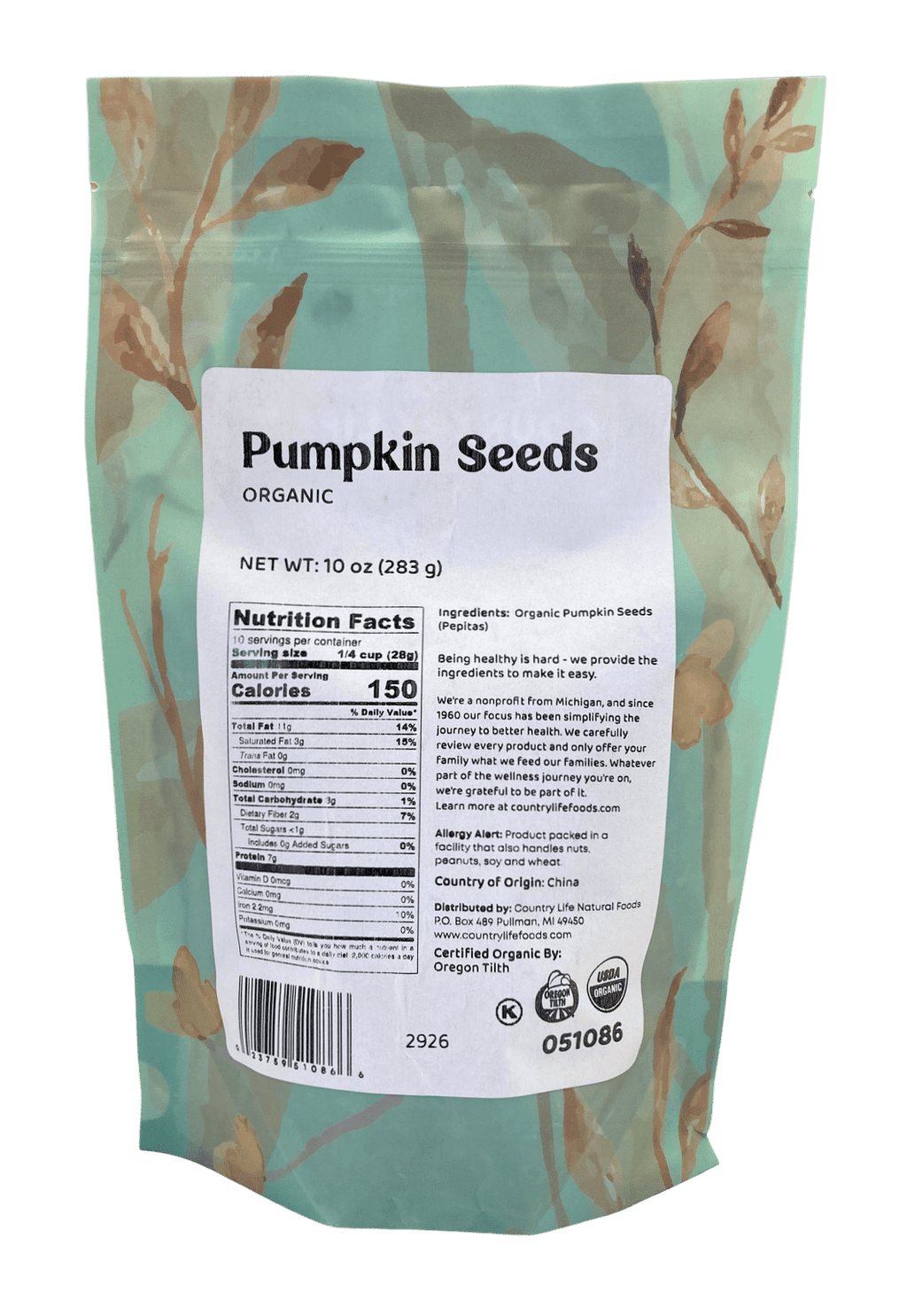 Organic pumpkin seeds pouch back with Nutrition Facts and label text