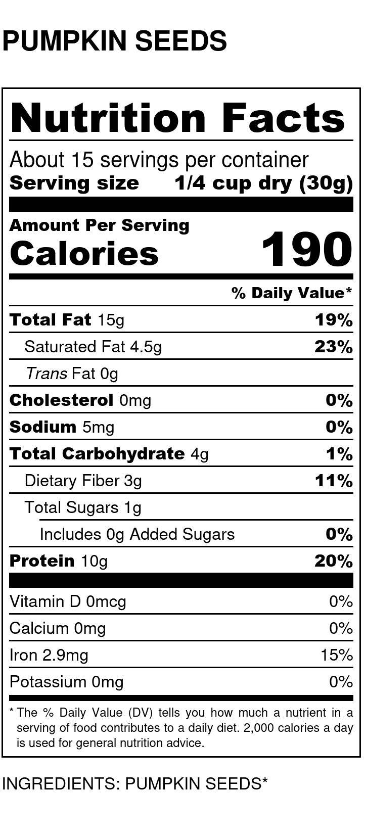 Nutrition Facts panel for pumpkin seeds, showing calories and serving size