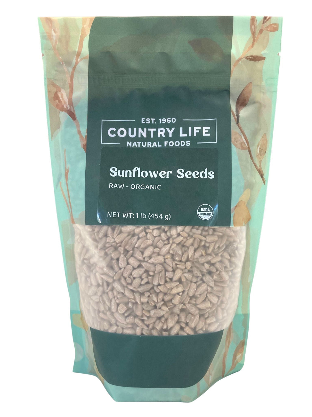 Bag of raw organic sunflower seeds with Country Life Natural Foods label