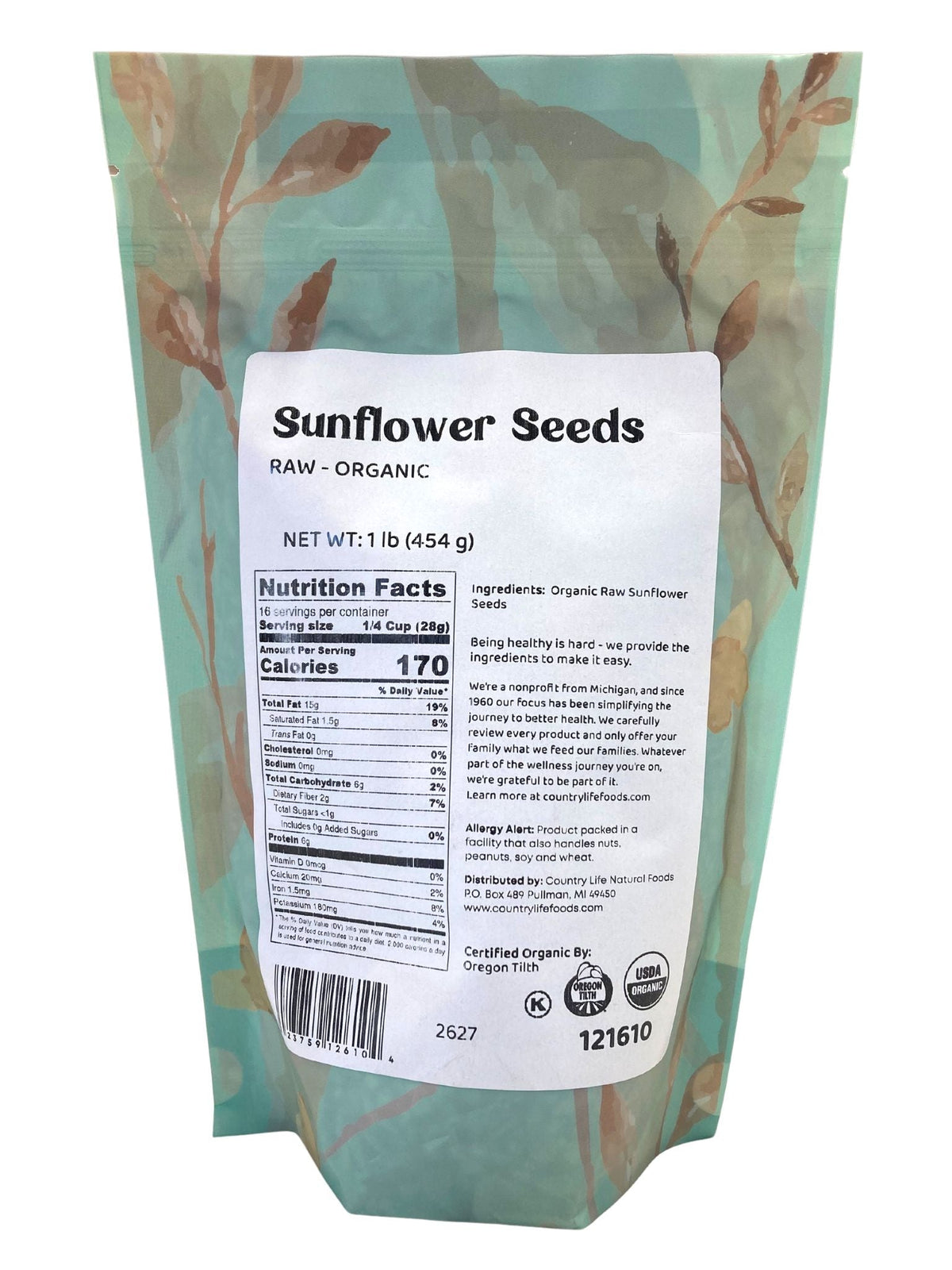 Back of raw organic sunflower seeds bag with nutrition facts and ingredients