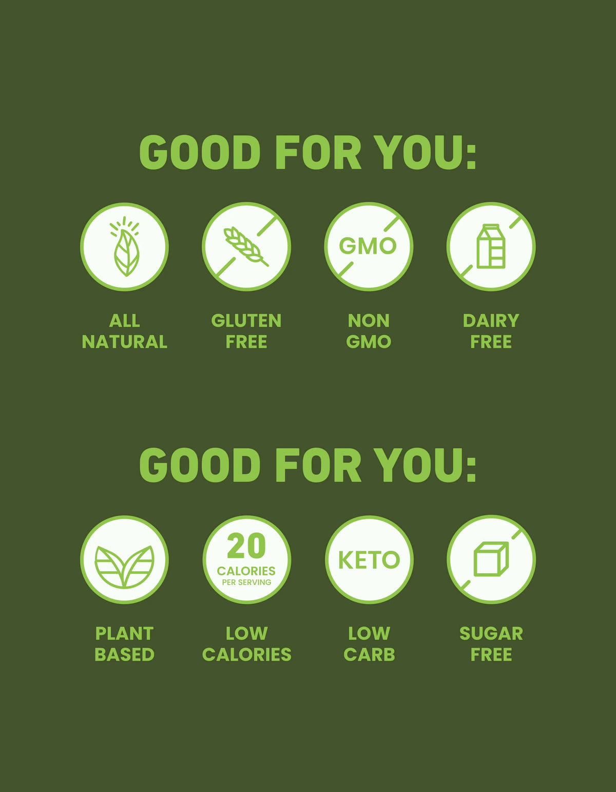 Nutrition and diet icons: gluten-free, non-GMO, dairy-free, keto
