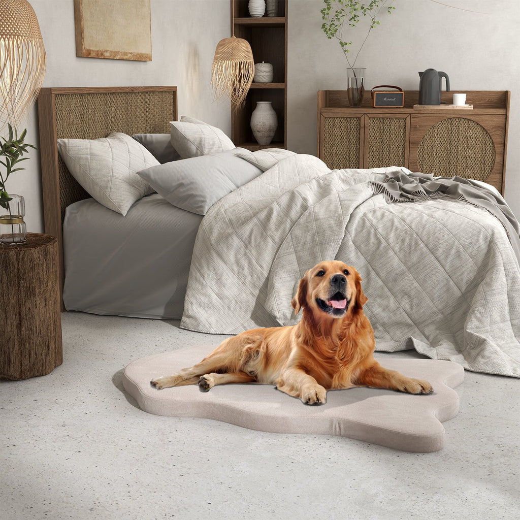 Beige orthopedic memory-foam dog bed with wavy surface, dog resting on it