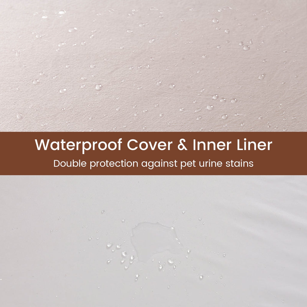 Beige waterproof cover and inner liner for dog bed, shown with water droplets