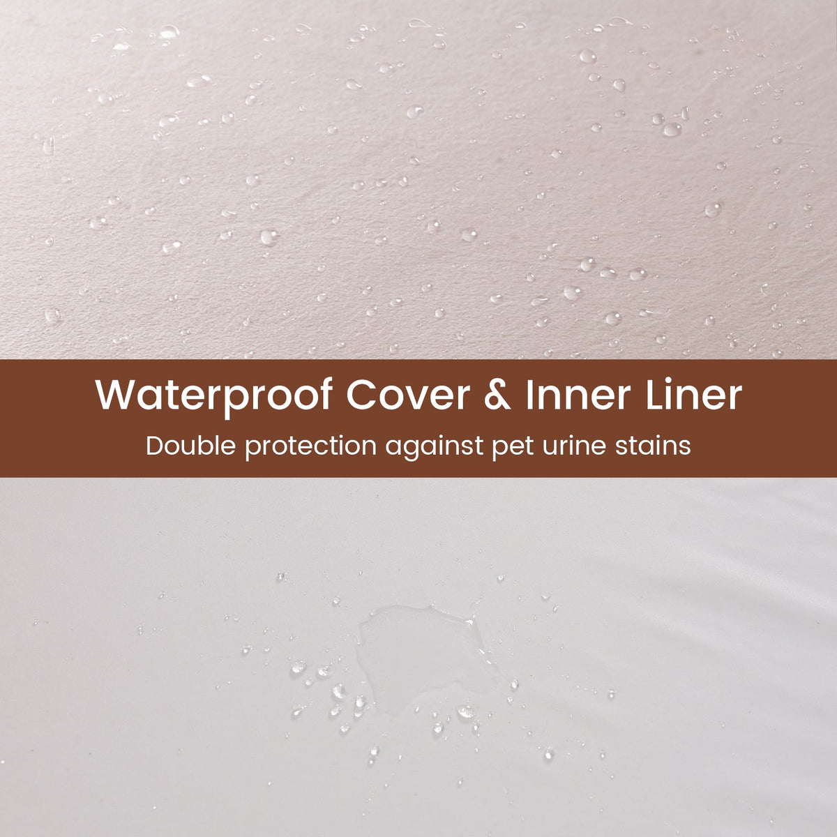 Beige waterproof cover and inner liner for dog bed, shown with water droplets