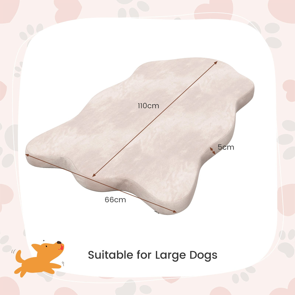 Beige orthopedic dog bed with 110 x 66 cm size and 5 cm thickness
