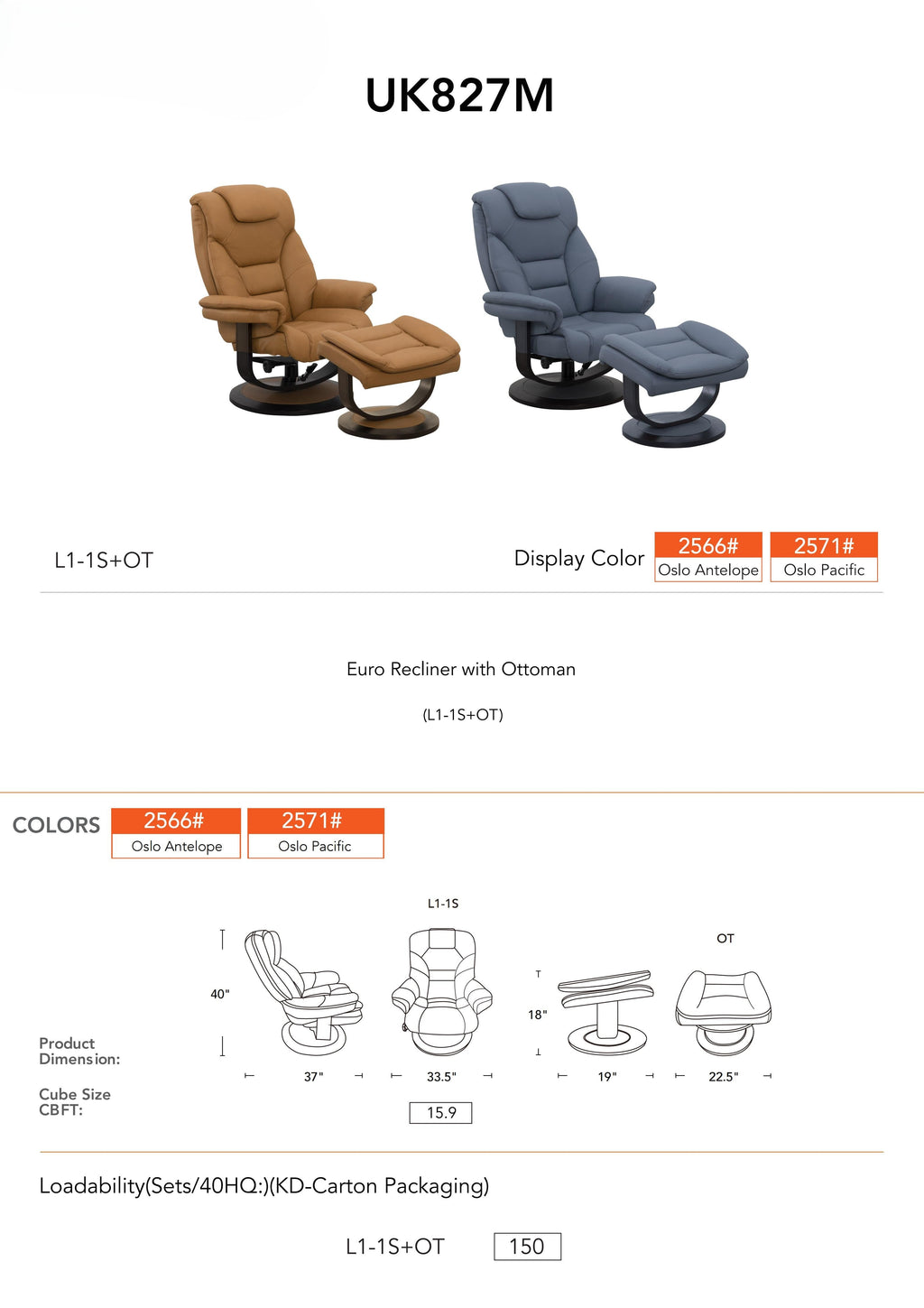 Euro recliner with ottoman product diagram and color options chart