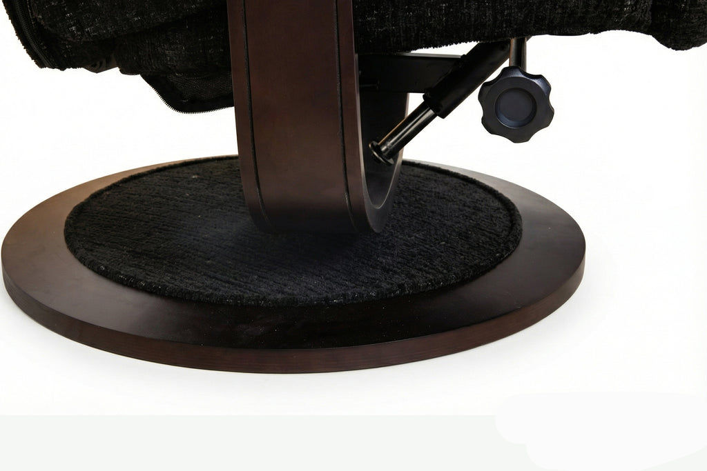 Recliner base detail showing adjustment lever on dark circular platform