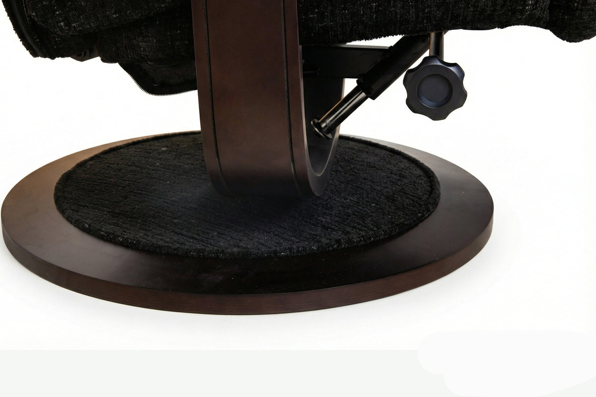 Recliner base detail showing adjustment lever on dark circular platform