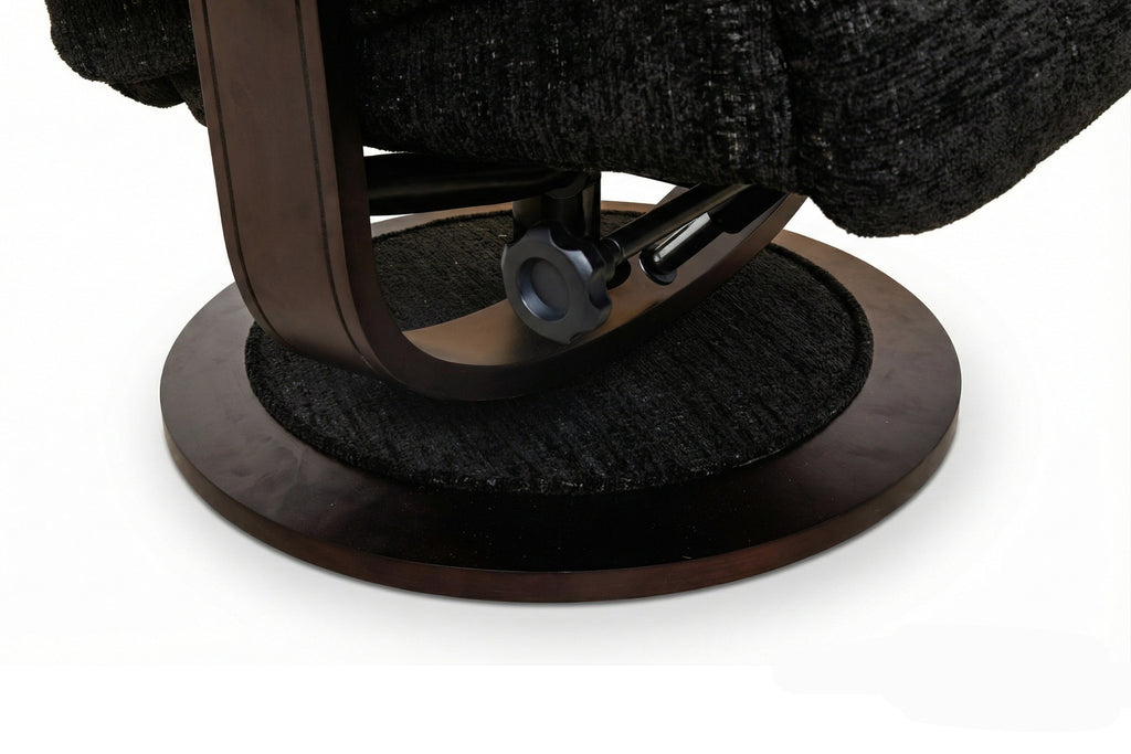 Recliner base detail with dark circular footrest and visible adjustment lever