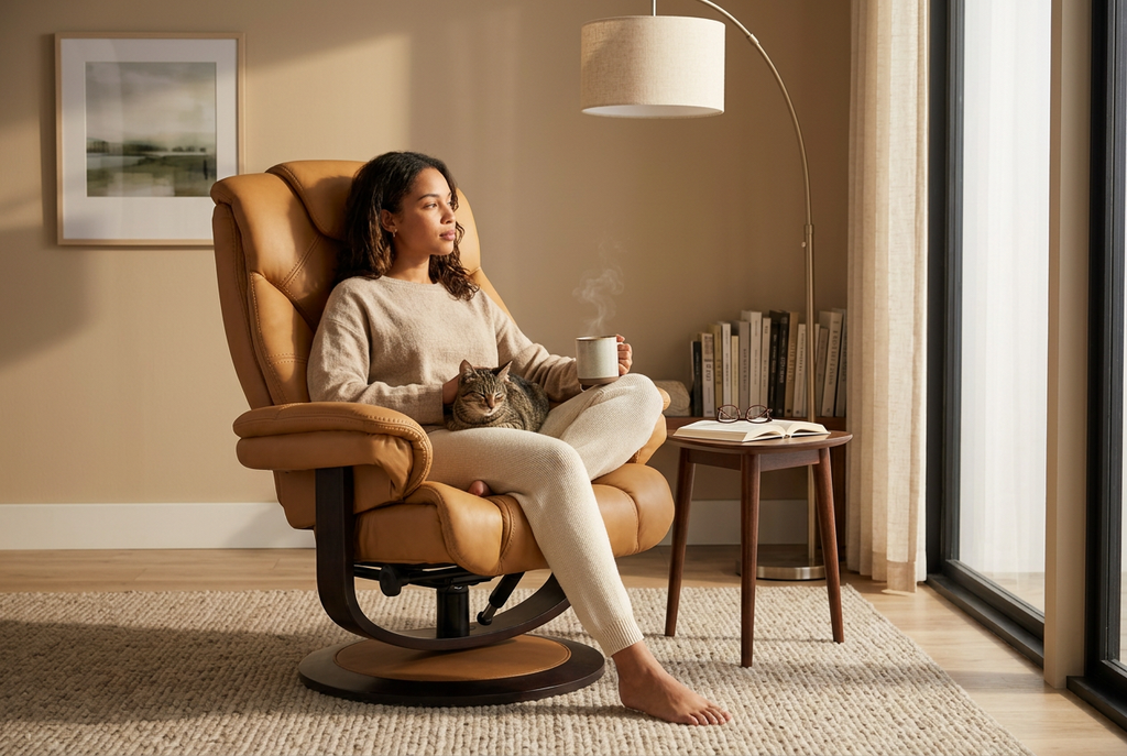 Tan/brown recliner with matching ottoman, tall back and rounded arms, swivel base.