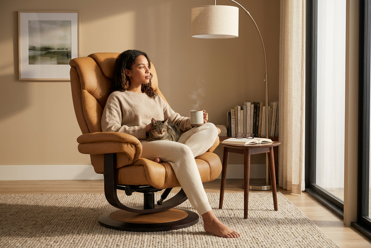 Tan/brown recliner with matching ottoman, tall back and rounded arms, swivel base.