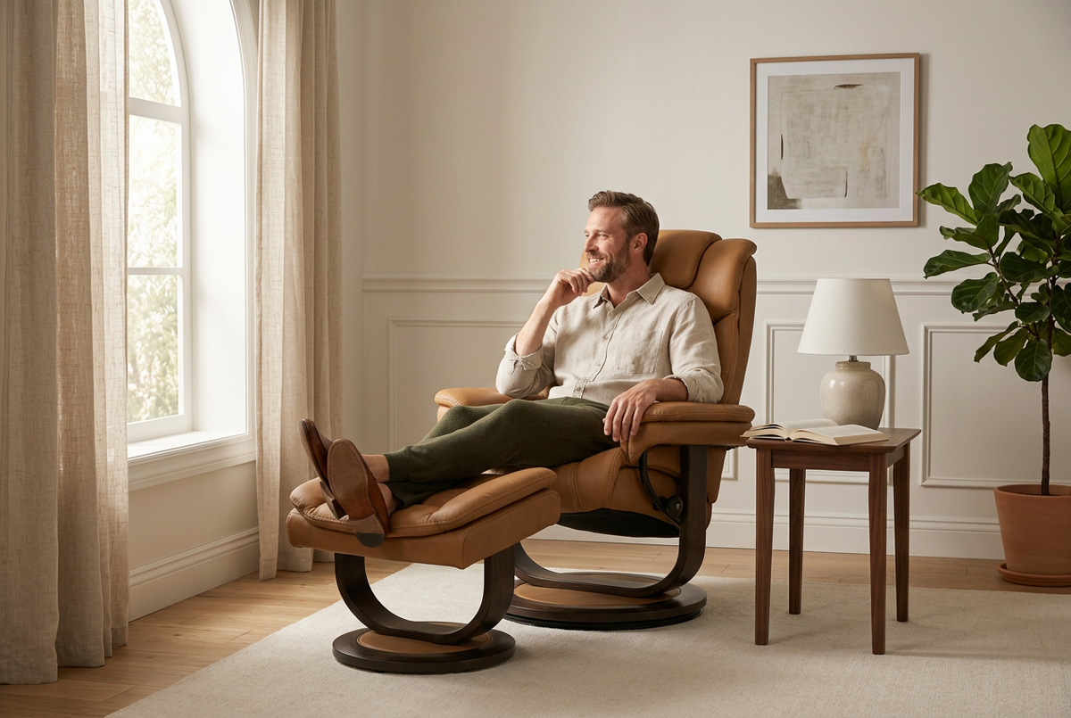 Brown recliner with ottoman, reclined seat and armrests, and thick upholstered cushioning.