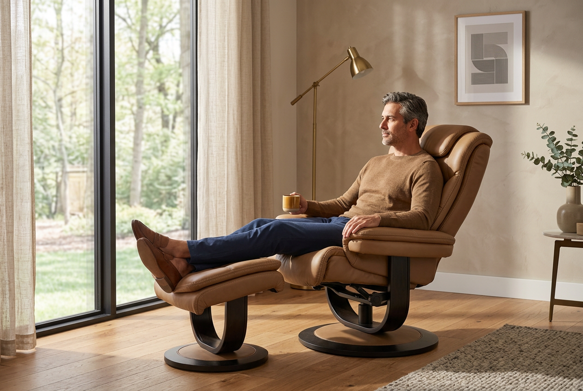 Brown recliner with ottoman extended forward, wide padded back and recline footrest.