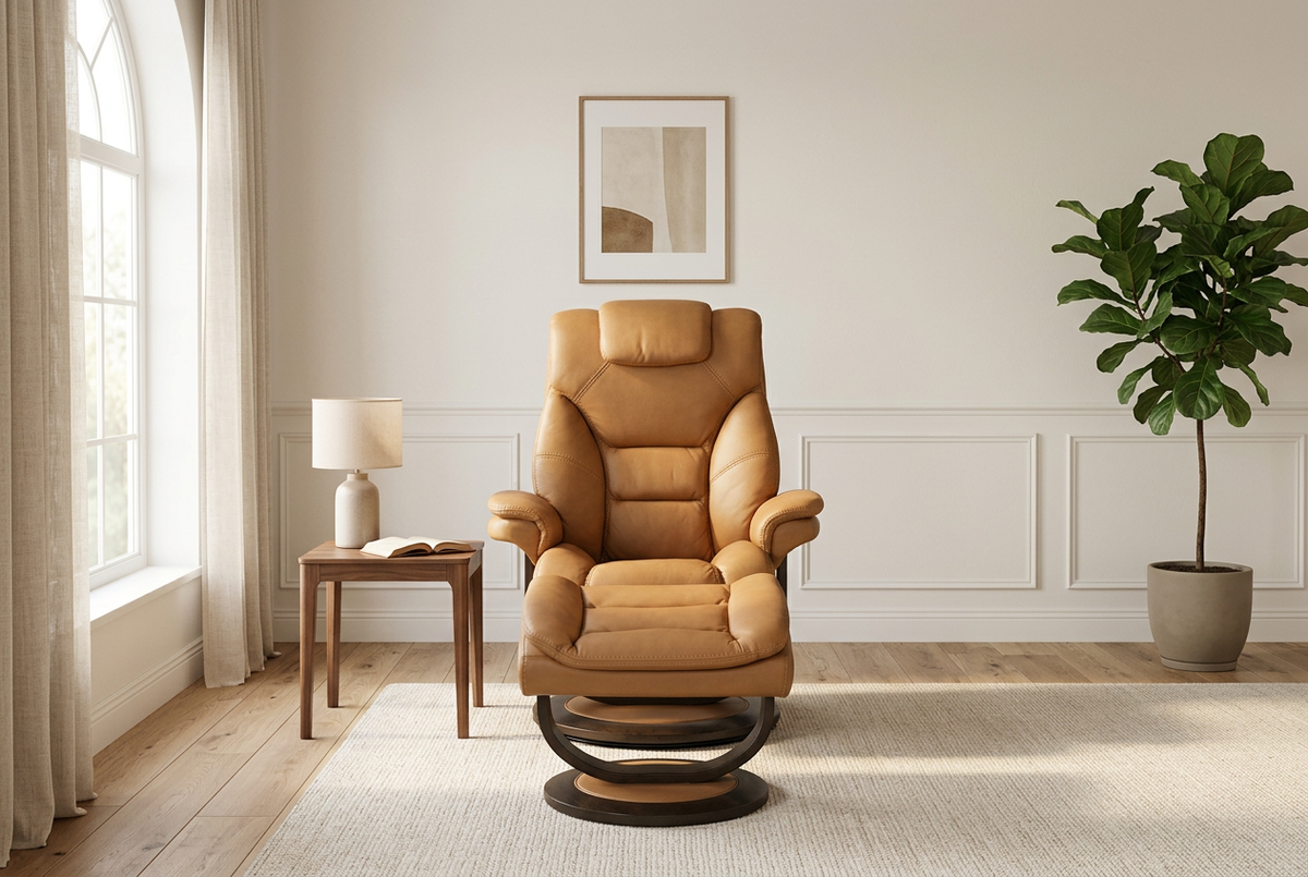 Tan upholstered recliner chair with ottoman, front view on round swivel base