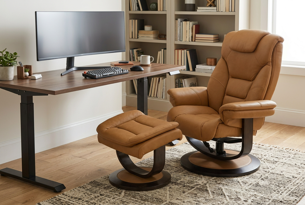 Tan/brown power recliner with matching ottoman, thick cushions, and curved headrest.
