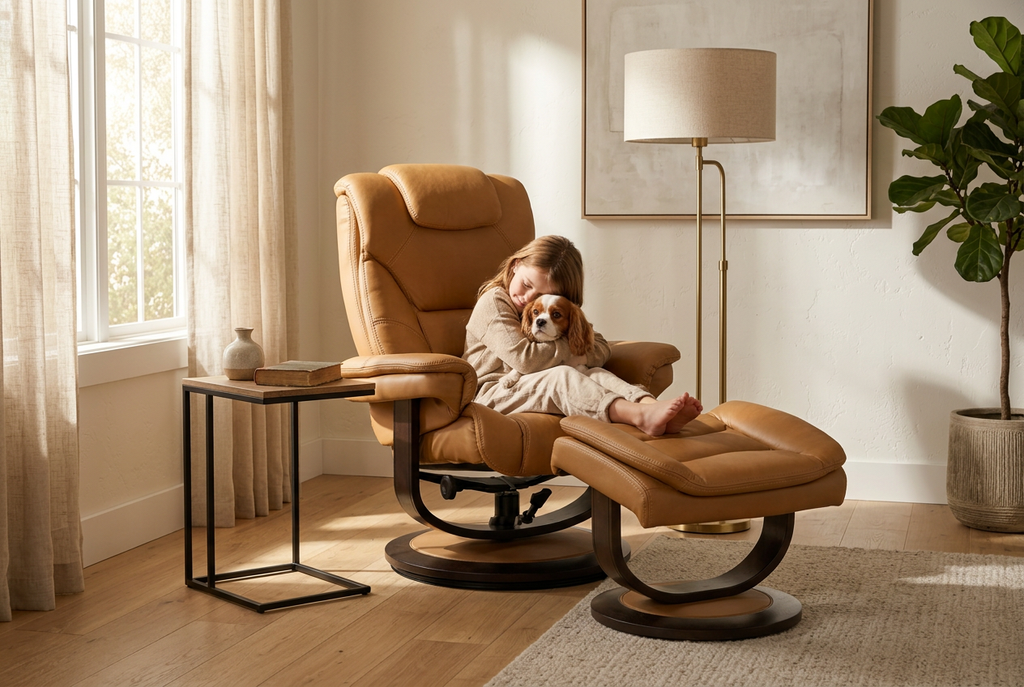 Brown recliner with ottoman and tall backrest, shown with a child and soft seat cushions.