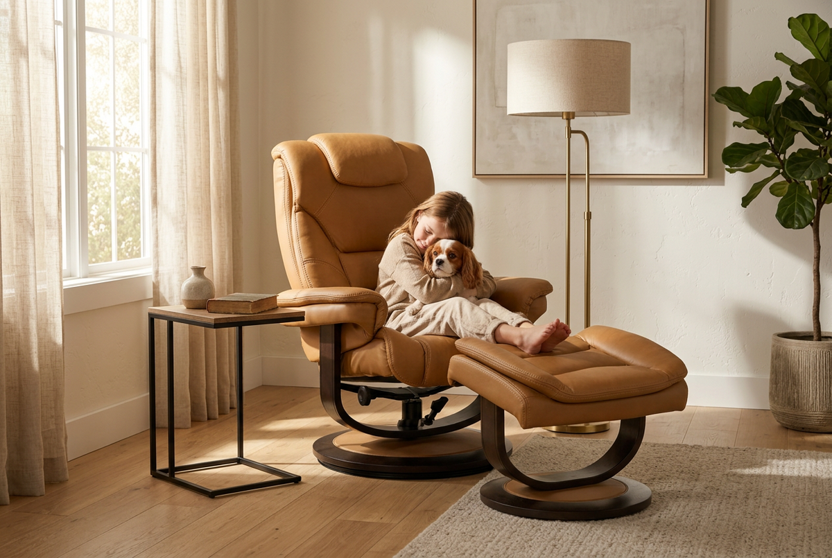 Brown recliner with ottoman and tall backrest, shown with a child and soft seat cushions.