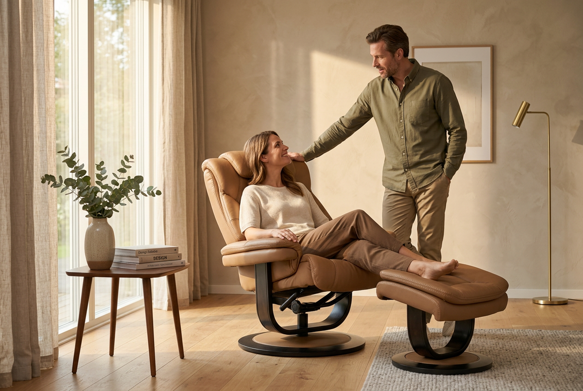 Brown recliner with built-in foot ottoman, rounded armrests, and swivel base.