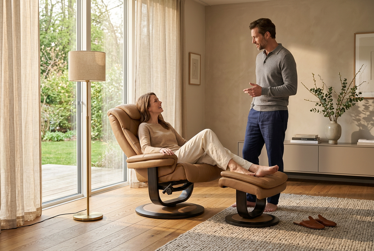 Tan upholstered recliner chair and ottoman with occupants relaxing in living room